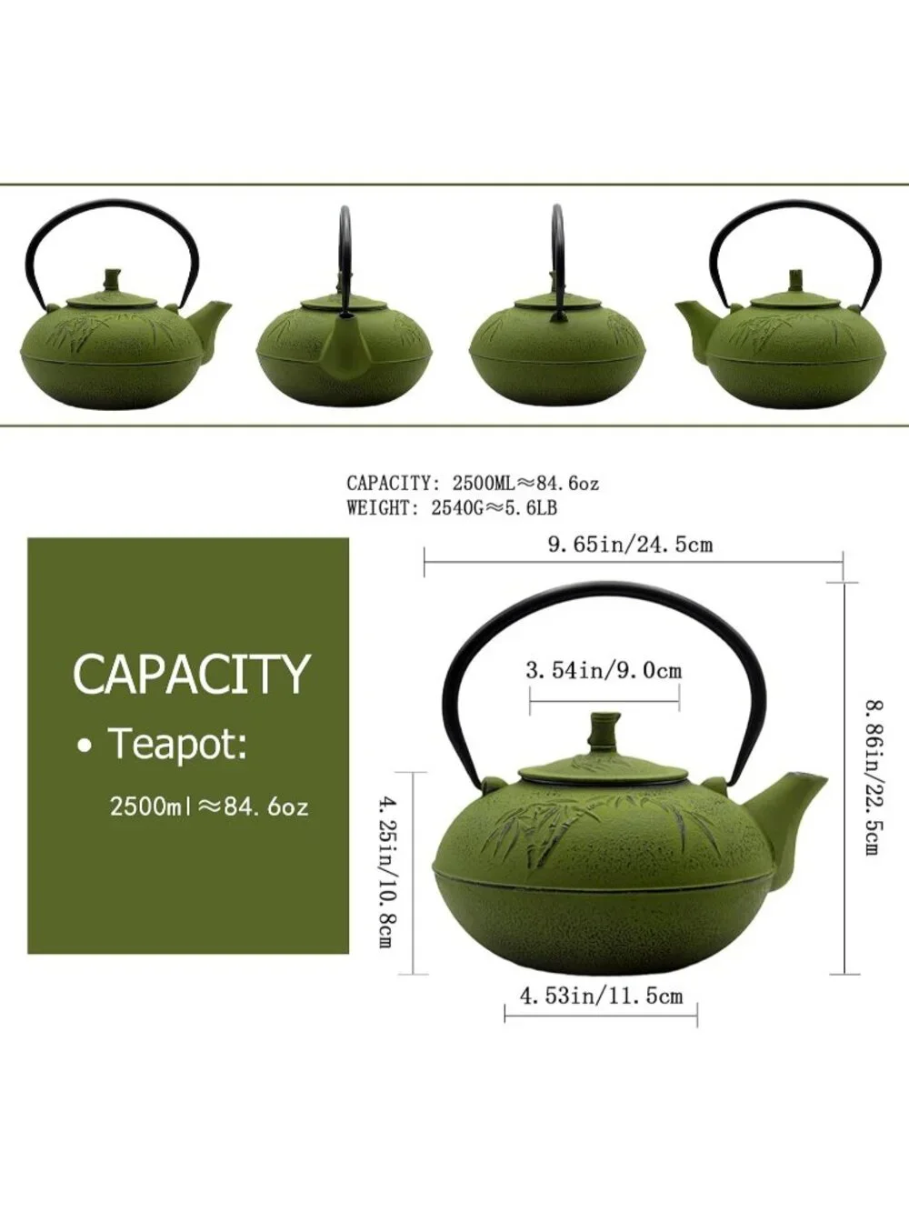 Green Cast Iron Kitchen Japanese Tea Pot 84.6oz 2500ml Stovetop Bamboo Infuser
